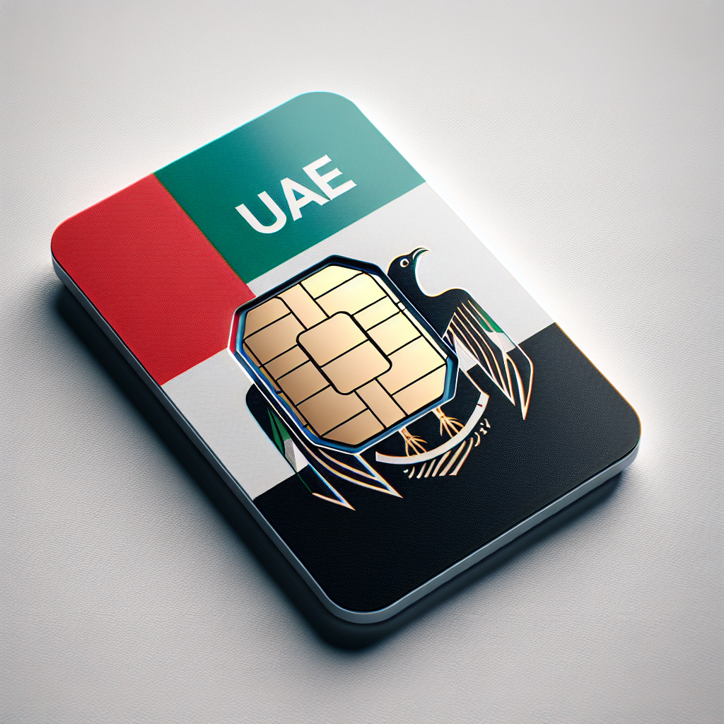Generate a detailed image of an eSIM card designed for use in the United Arab Emirates. The card has the colors and design motifs of the UAE flag. The eSIM card is devoid of any text. The design is sleek, modern, and eye-catching, and the card is captured in a professional product photograph perspective with a clean, white background to bring the focus entirely on the eSIM card and its unique aesthetic.