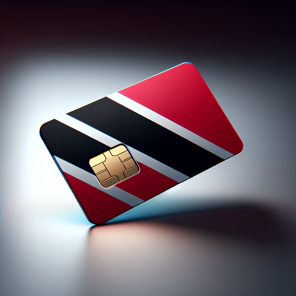 An eSIM card based on the country flag colors of Trinidad and Tobago. The card's design should incorporate the distinct elements of the flag, such as the red and black colors, and the unique diagonal band of white. The representation of the flag should be identifiable yet abstract in order to respect the integrity of the flag. The eSIM card should be situated in a neutral background, illuminated with soft light to highlight its details. Remember, the card should not contain any textual elements.