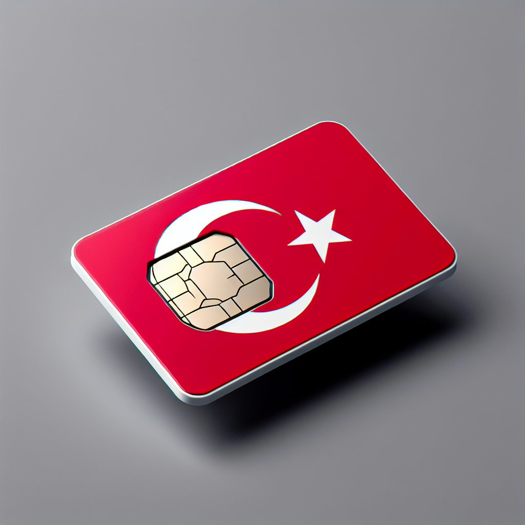 Generate an image of an esim card where the design is based on the flag of Turkey, with the characteristic star and crescent. The esim card should look sleek and professional, yet vibrant and attractive with the main colors of red and white. No text should be present on the card. Ensure that the esim chip, usually placed at the center, is prominent and visible. The card should be placed on a monochromatic background to highlight its details.