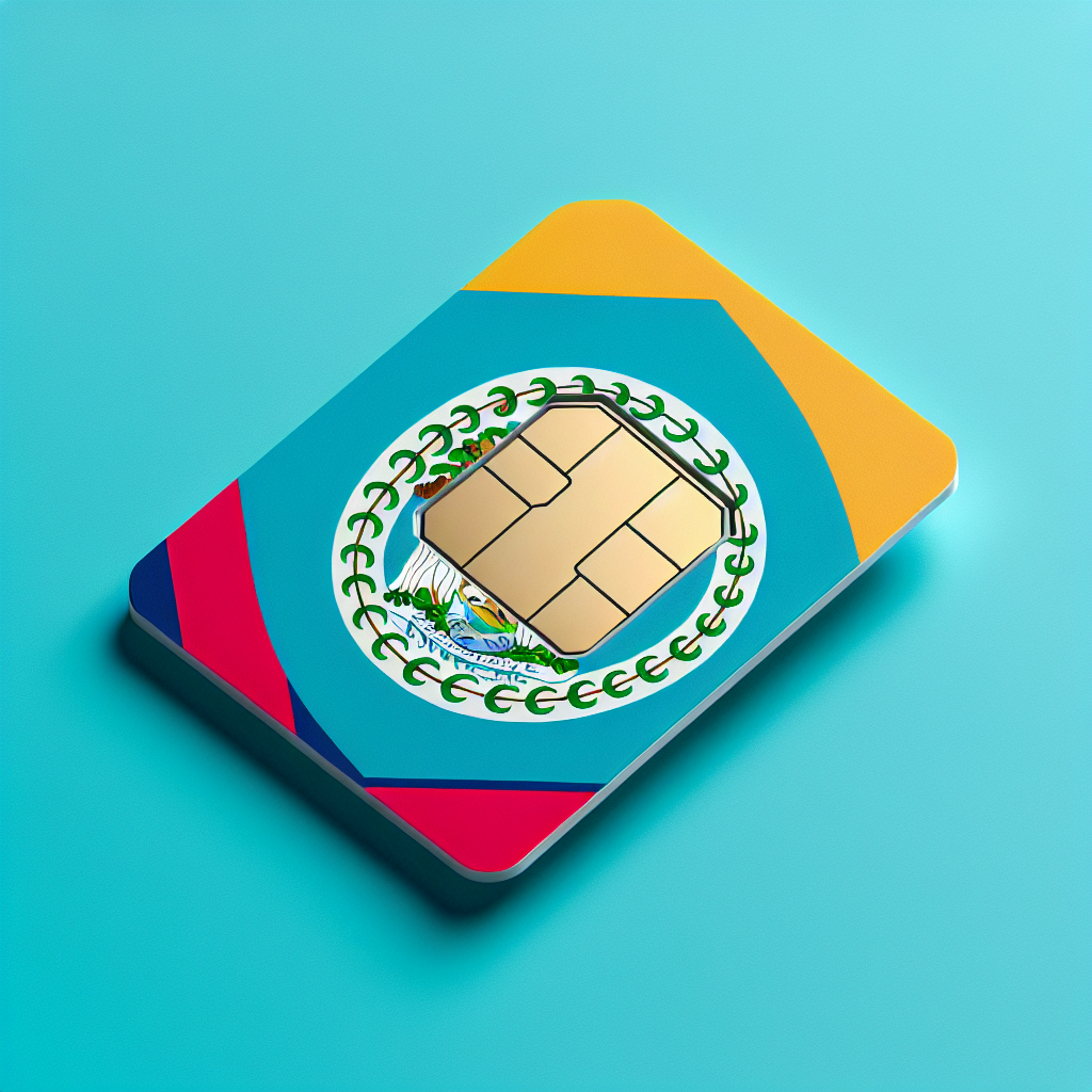 Create a product image of an eSIM card designed for the country of Belize. The base of the eSIM card should be designed using the colors and elements of the Belize flag. The visual of the eSIM card should be clean and without any text. Keep the image crisp and clear, highlighting the card's color scheme and including an outline of the microchip component typically visible in SIM cards.