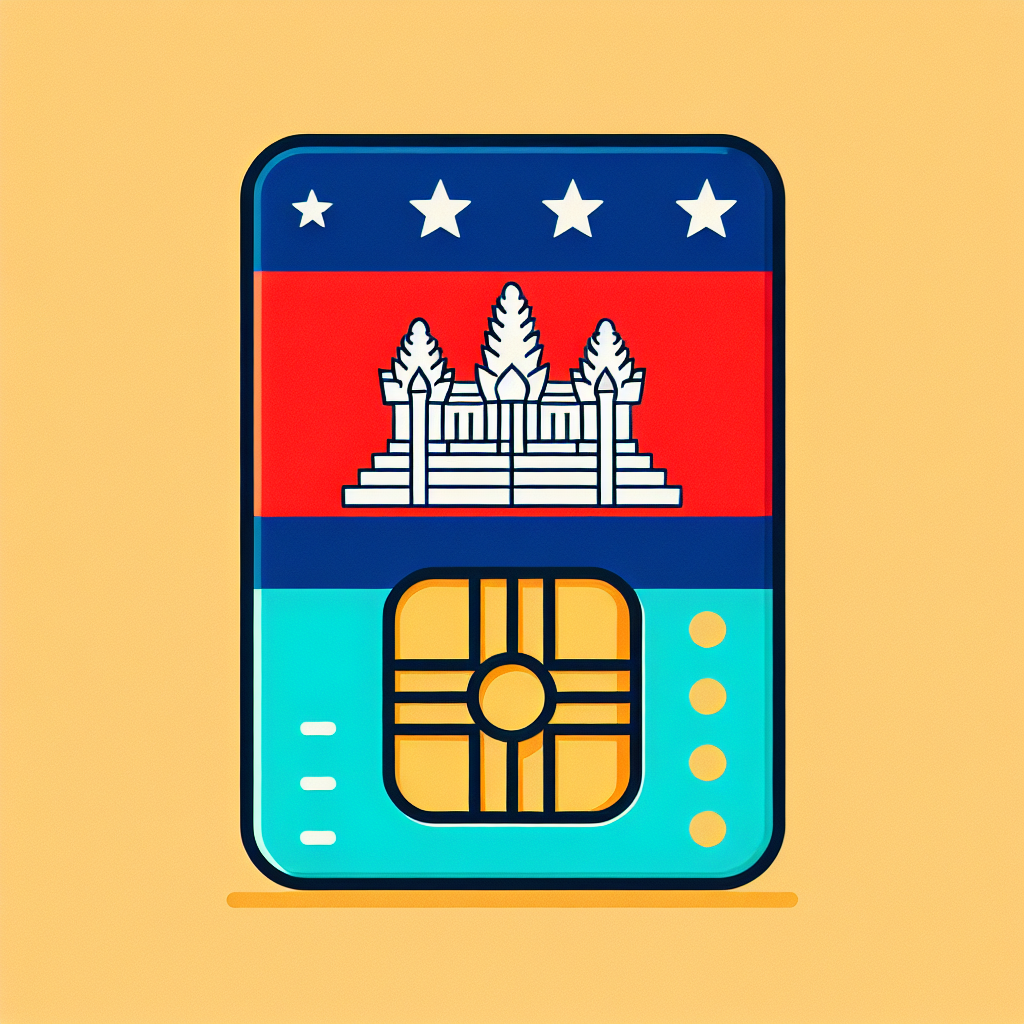 Generate a product photo of an eSIM card designed for the country of Cambodia. Utilize the colours and symbols found in the Cambodian flag as the base for the eSIM card's design. However, make sure to exclude any form of text in the image.