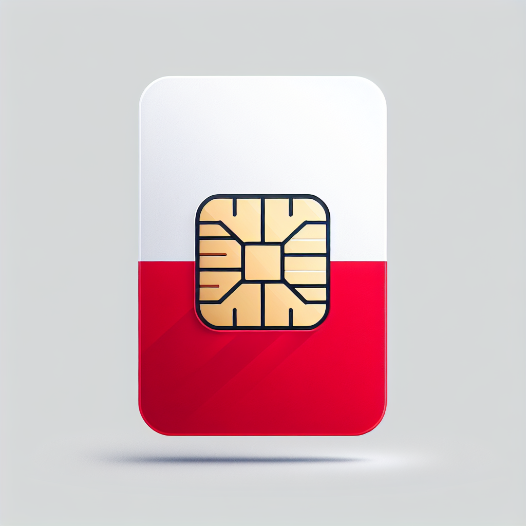 Create a product image of an eSim card designed with the base inspired by the flag of Poland. Please ensure no text is included within the image. The card should have the appearance of a typical eSim card with the upper half in white and the lower half in red, reflecting the colors of the Polish flag.