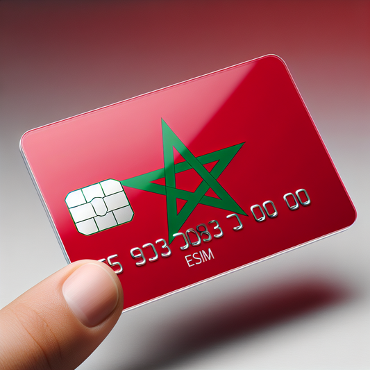 A product photo of an eSIM card for the country of Morocco. The base of the card should visually showcase the country's flag, which carries the colors red and green, including a green pentagram centered on the red background. Please make sure not to include any text on the card.