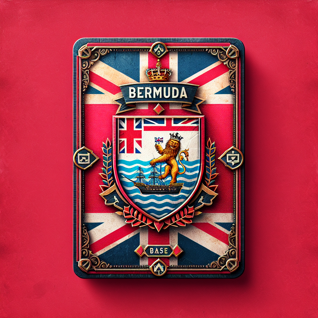 Create an eSIM card design that corresponds to the country of Bermuda. Craft the base card using the design and colors from the flag of Bermuda - a field of red with the Union Jack in the top left corner and an emblem of a lion holding a shield with a wrecked ship at the center. Do not include any text symbols or words on the card design.
