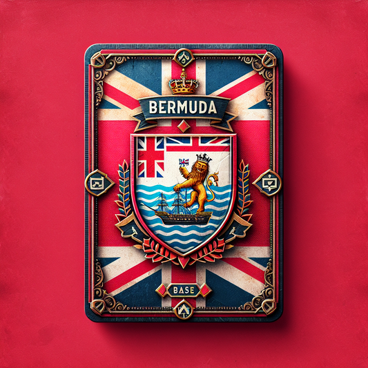 Create an eSIM card design that corresponds to the country of Bermuda. Craft the base card using the design and colors from the flag of Bermuda - a field of red with the Union Jack in the top left corner and an emblem of a lion holding a shield with a wrecked ship at the center. Do not include any text symbols or words on the card design.