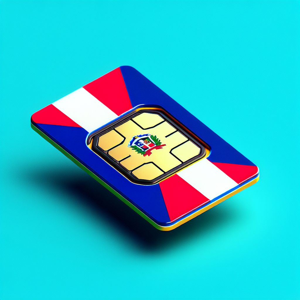 Create a product image of an eSIM card for the Dominican Republic. The base of the eSIM card should feature the colors and design of the Dominican Republic flag, but without any text or words. Ensure that all elements are proportionally accurate and vivid in color, emphasizing the sleekness and modernity of the eSIM technology.