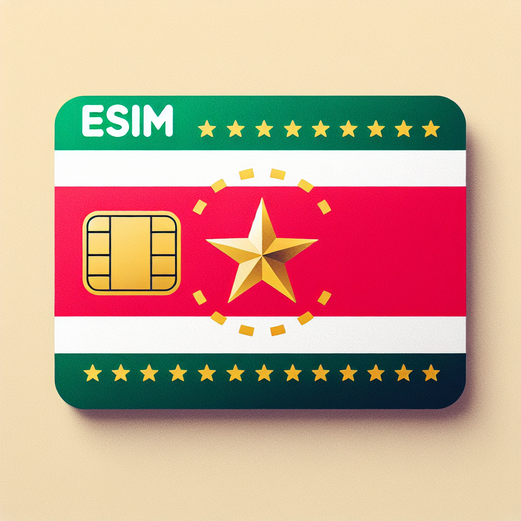 Create a product image of an eSIM card. The base design of the card should incorporate the colors of the Suriname flag, with green, white, red, white and green stripes from top to bottom, with a gold, star-shaped emblem in the center.