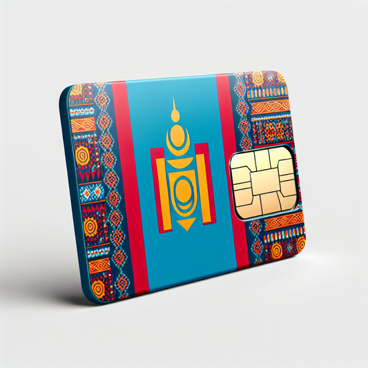Generate a product photo of an eSIM card designed with the color scheme and pattern of the Mongolian flag. The base of the eSIM card should be stylized with the flag's vibrant colors of blue, red, and the golden emblem. The eSIM should be prominently placed on a clean and white background to highlight its features and design. No text should be present anywhere in the image.