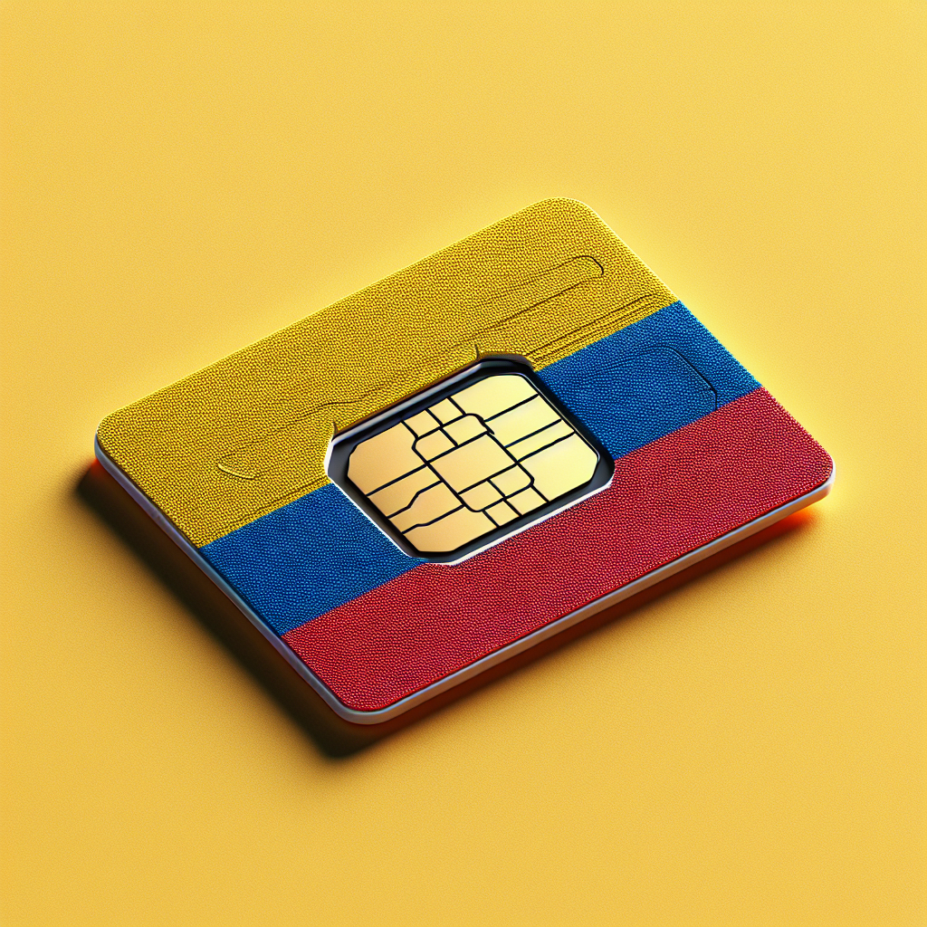 Generate an image of a product photo displaying an eSIM card. Use the design of the Colombian flag as the artistic base of the eSIM card. Ensure that no text is present on the card. The image should clearly embody the concept of modern technology in telecommunications and Colombia's national pride.