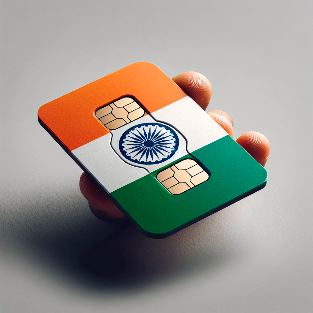 A product photo featuring an eSIM card for the country of India. The design of the card is influenced by the colors and features of the Indian flag. No text should be visible in any part of the image. The base of the eSIM card should reflect the tricolor flag, with its saffron, white, and green bands, and the navy blue Ashoka Chakra in the center. The card should be positioned in such a way that it fills the frame but still allows for visibility of its design and the fact that it is distinctly an eSIM card.