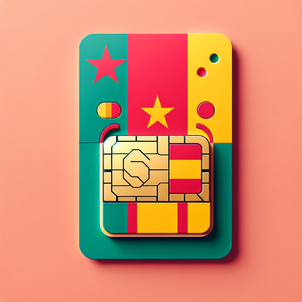 Create an image of a product photo for an eSIM card designed in Cameroon's national colours. The base of the eSIM card should be designed using the colours and elements of Cameroon's national flag. Make sure there's no text on the card or in the image.
