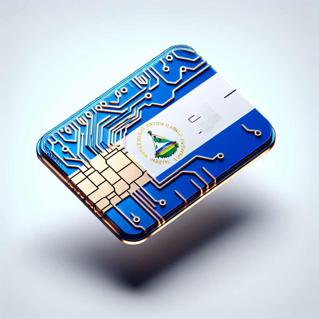 Create a detailed image of an eSIM card dedicated to the country of Nicaragua. The base of the card should be represented by the vibrant colors and design reflective of the national flag of Nicaragua - a composition of blue and white stripes with a circular emblem. However, the characteristic detail should be the concept of this being a digital card - an eSIM. Remember, there should be absolutely no text in the image, strictly emphasizing on the visual elements.