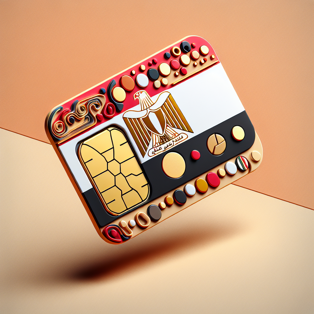 Generate a product photograph of an eSIM card designed for Egypt. The base of the eSIM card should incorporate the colors and design of the Egyptian flag. However, ensure that the image does not include any text.