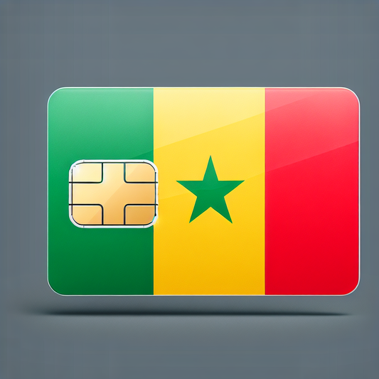 Compose an image portraying a product photo for an eSIM card. The card should have the aesthetic basis of the Senegal national flag, which comprises of three vertical stripes in green, yellow, and red from left to right, and a green star at the center of the yellow stripe. The standard shape of the eSIM card, which is generally rectangular, should remain intact. Remember to avoid including any text in the created image.