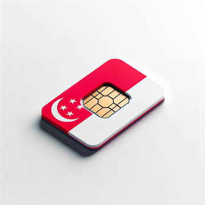 Generate a detailed image of an eSIM card product photography. The eSIM card is designed with the color themes inspired by the national flag of Singapore. However, the image should not contain any textual elements. The eSIM card should prominently display the red and white bands of Singapore's flag, cleverly incorporating the elements into the product design.