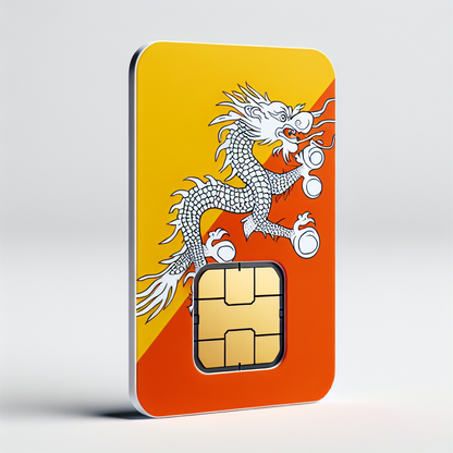 Create a product photograph of an eSIM card designed for the country of Bhutan. The base of the eSIM card should feature the vibrant colors and design of the Bhutanese flag, namely the yellow and orange halves divided diagonally and the White Dragon in the center. The eSIM card is sleek, with a standard shape and size, and is pictured against a minimalist white backdrop, highlighting its unique country-specific design. Remember, the image should be completely void of any text.