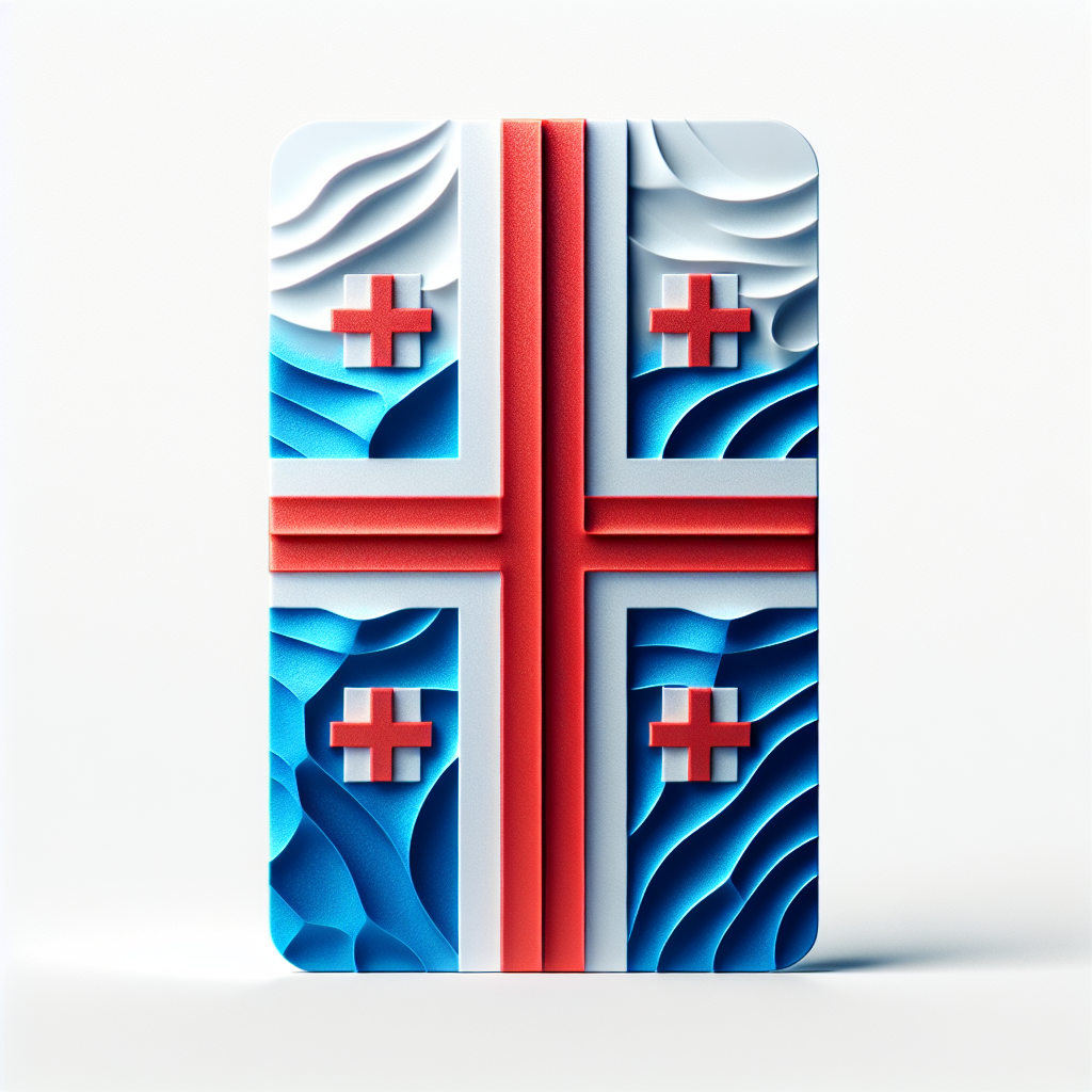 Create a realistic image of an eSIM card designed for Faroe Islands. Use the flag of Faroe Islands, composed of a red cross outlined in blue that extends to the edges of the flag, on a white background as the foundation of the eSIM card design. Ensure no text is included in the image, only visual graphic elements.