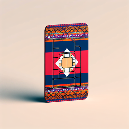 Visualize a product photograph showcasing an eSIM card with the design derived from the Laotian flag colors and patterns. The design is purely graphical, featuring no text whatsoever. The eSIM card stands out prominently against a plain, simple background.