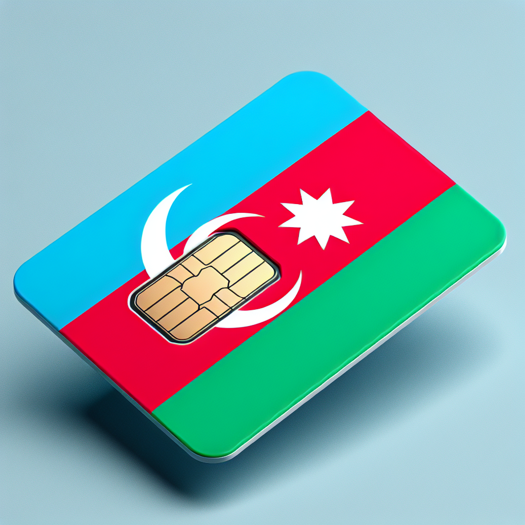 Create a product photo of an eSim card designed for Azerbaijan. The card should incorporate the national flag of Azerbaijan. Make sure to remove any text from the image, emphasizing the visual symbols of the flag instead. The color scheme should pertain to the flag: Blue, Red, and Green with a white crescent moon and an eight-pointed star in the center.