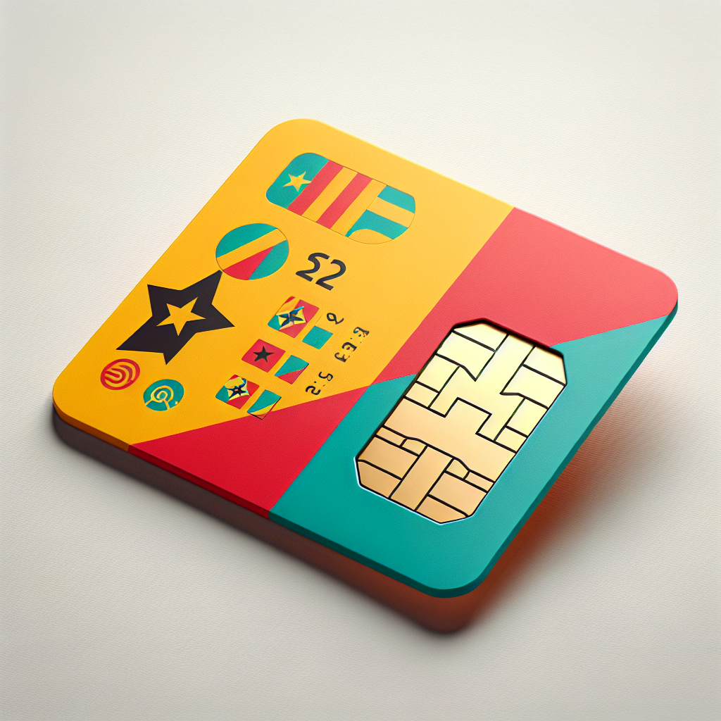 Create a detailed image of an eSIM card based on the vibrant colors and design of Guinea's national flag. The eSIM card layout should be simple with no written text. Instead of text, use universal symbols to indicate important information. The background should be minimalist and clean so it doesn't dilute the focus from the product. Ensure both the country flag and the eSim card are displayed in a clear and appealing way, suitable for a product photo.