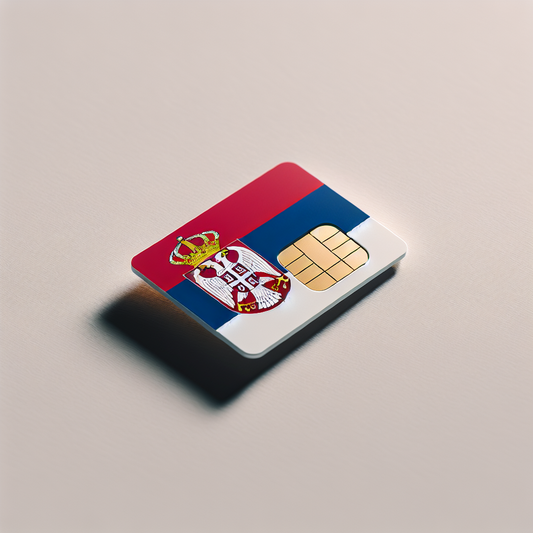 A product photo of an eSIM card designed with the flag of Serbia as the base. The eSIM card is displayed on a plain, neutral background, with the distinctive colors and pattern of Serbia’s national flag prominently used in the design of the card. The card maintains a clean and crisp look devoid of any text.