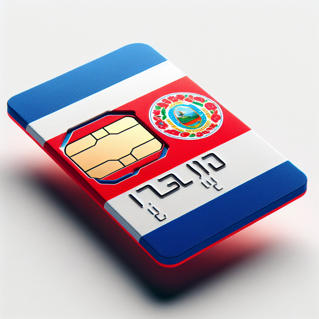 Create a highly detailed and close-up image of an eSIM card designed with the colors and pattern of the Costa Rican flag. The card should have an aesthetic appeal, reflecting the vibrant red and blue stripes and the white stripe with the national coat of arms of Costa Rica. The image should be taken from a slight angle to showcase the thickness of the card, and it should be positioned against a white background for a professional product photo. No text should be included in the image.