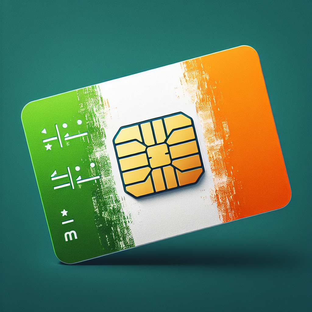 Design an eSIM card with the visual basis of the flag of Ireland. The flag consists of three equal vertical bands of green (hoist side), white and orange. Make sure the eSIM chip, typically golden in color, is visible. Note that no text is supposed to be included in this image.