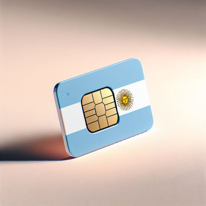 A product photo of an eSIM card themed on Argentina. The base of the eSIM card bears the colors and design of Argentina's national flag. No text or labels are present anywhere. The eSIM card is placed on an elegant, minimalistic backdrop to accentuate its features and national theme.