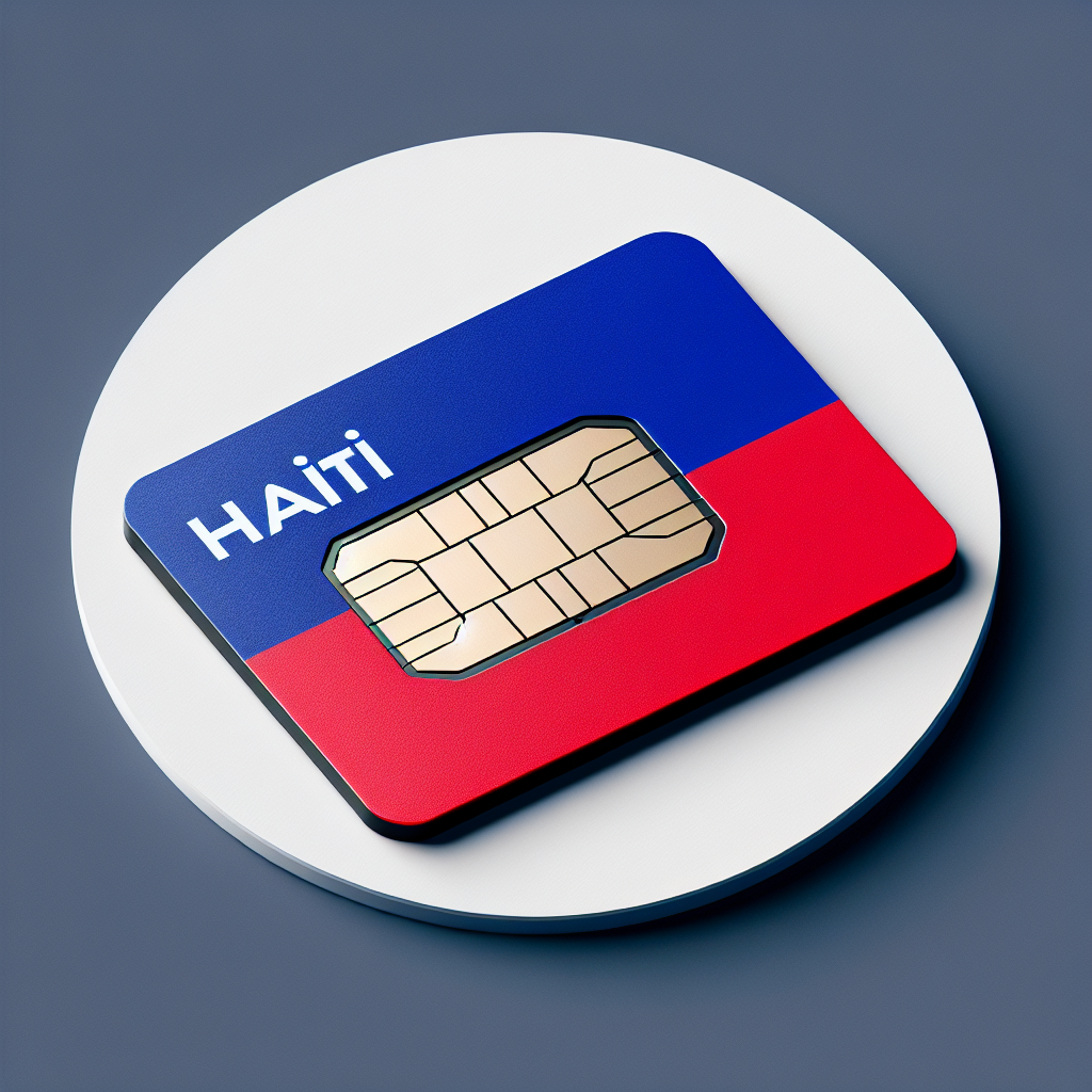 Create an image of a product photo for an eSIM card designed for the country of Haiti. The eSIM card should be based on the country's flag design. The flag's blue and red horizontal stripes should differentiate the top and bottom part of the card. Please don't include any text on the eSIM card.