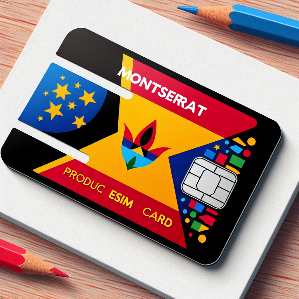 Create a product image of an eSIM card for the country of Montserrat. The base of the eSIM card should be designed incorporating the colors and elements of the Montserrat flag, showing its patriotism. Please ensure there is no text included in the image, maintaining a clean and aesthetic representation of the product.