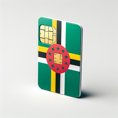 Create a product photo for an eSIM card with the base design inspired by the national flag of Dominica. Ensure that the visual representation solely focuses on colors and elements of the flag, without incorporating any textual elements. Depict the eSIM card from an angle that showcases its distinct features while maintaining the clear visibility of the flag design.