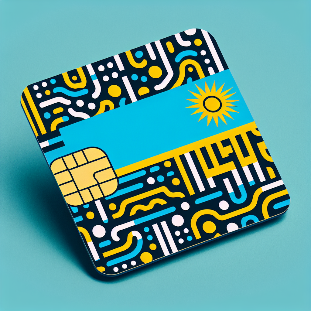Create an image of an esim card for the country of Rwanda. The base of the card should be designed with the colors and pattern of the Rwandan flag. The esim card should not contain any text but depict the distinctiveness of Rwanda through the flag design.