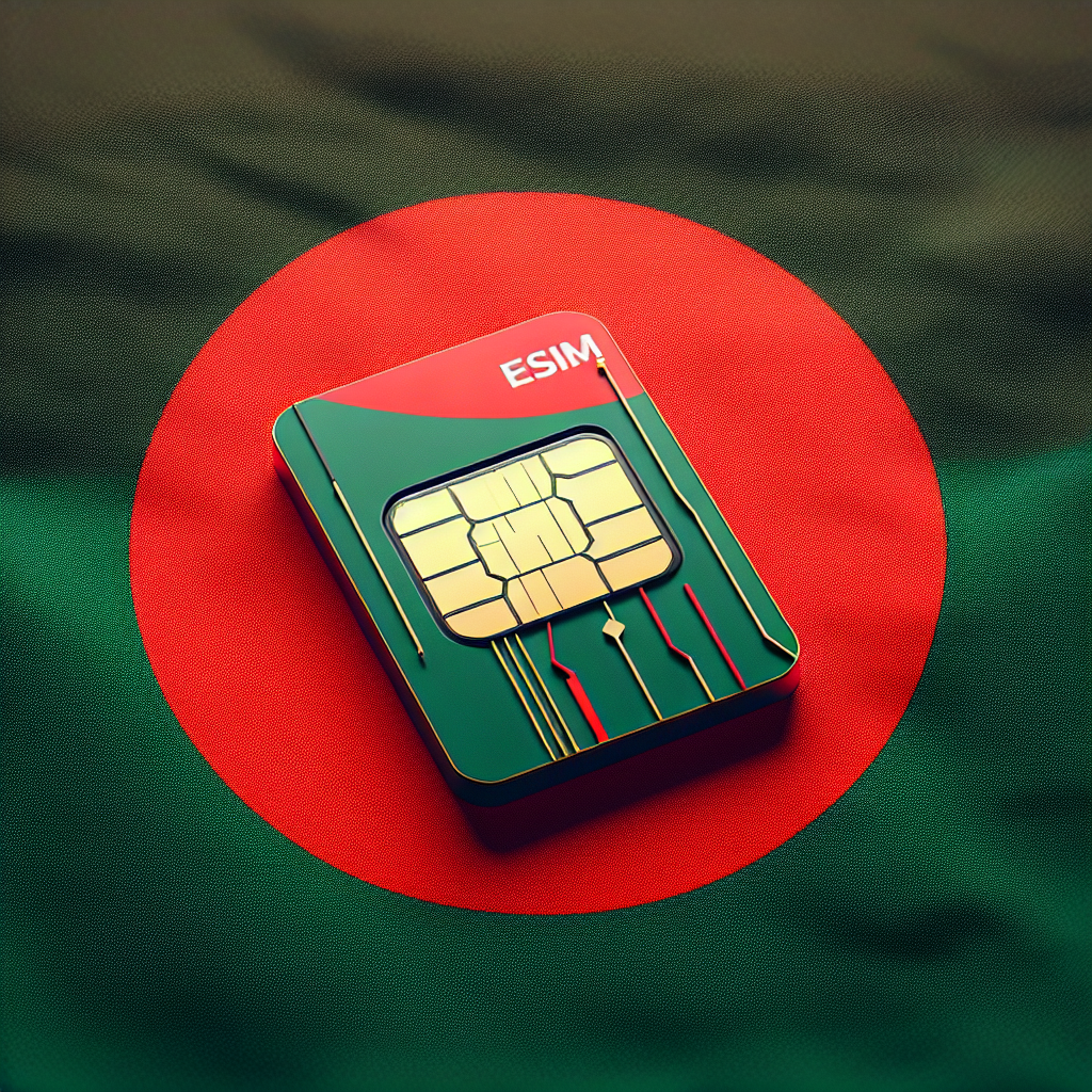 Create a product image showcasing an eSIM card designed for Bangladesh. The eSIM card is overlaid on the rich green and red of the Bangladesh national flag, which serves as its base. Ensure that the eSIM card captures the distinctive elements of modern digital telecommunications yet blends seamlessly with the flag's aesthetics. The image should not contain any written text, maintaining the focus on the visual appeal of the product itself.