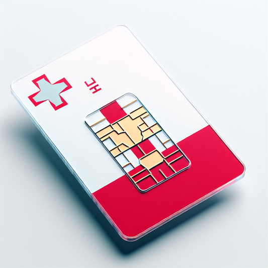 A digital representation of an eSIM card designed for the country of Malta. The card is overlayed with the Maltese flag that consists of a white and red vertical bicolor with a George Cross in the upper hoist-side corner. The card presents a clean and minimalistic design with zero text on it.